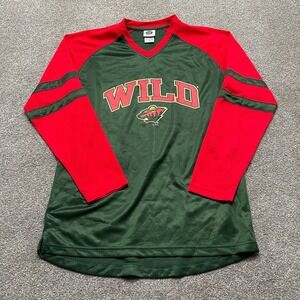 Minnesota Wild Shirt Medium Green Red NHL Long Sleeve V-Neck Jersey Mens READ